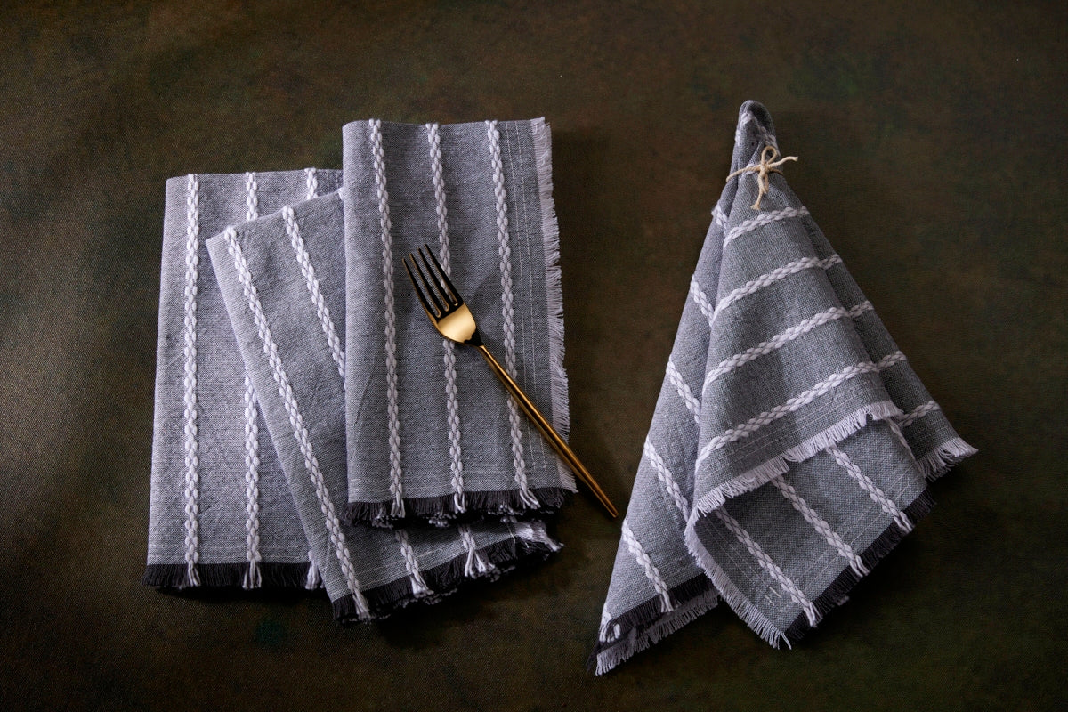 Set of 4 Dobby Stripe Fringe Napkins - 100% Cotton - Steel