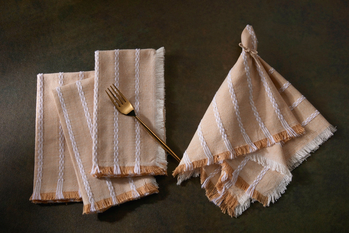 Set of 4 Dobby Stripe Fringe Napkins - 100% Cotton - Tan